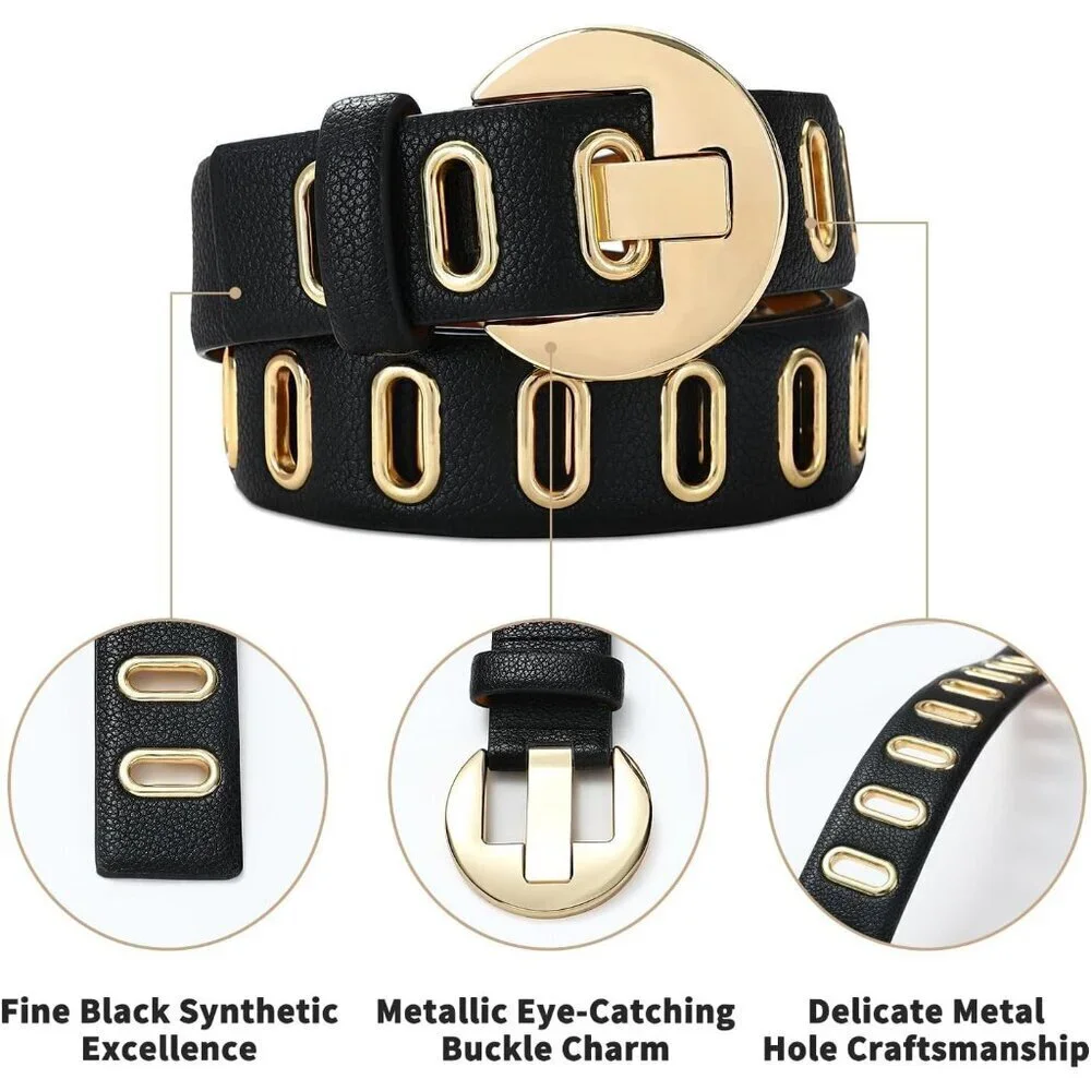 Women's Black Unique Gold Buckle Ladies Fashion Soft Faux Leather Waist Belt